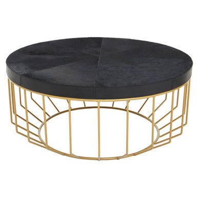 Black Hair - On - Hide Leather Round Top Coffee Table with Geometric Gold Metal Frame, Kensington Townhouse - Joe’s Haven