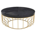 Black Hair - On - Hide Leather Round Top Coffee Table with Geometric Gold Metal Frame, Kensington Townhouse - Joe’s Haven