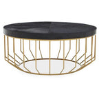 Black Hair - On - Hide Leather Round Top Coffee Table with Geometric Gold Metal Frame, Kensington Townhouse - Joe’s Haven