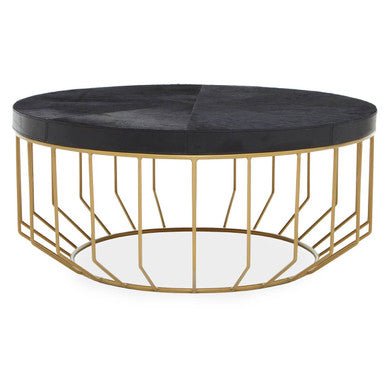 Black Hair - On - Hide Leather Round Top Coffee Table with Geometric Gold Metal Frame, Kensington Townhouse - Joe’s Haven