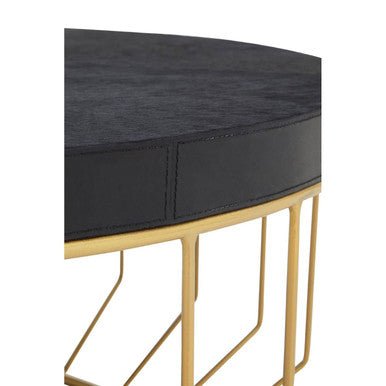 Black Hair - On - Hide Leather Round Top Coffee Table with Geometric Gold Metal Frame, Kensington Townhouse - Joe’s Haven