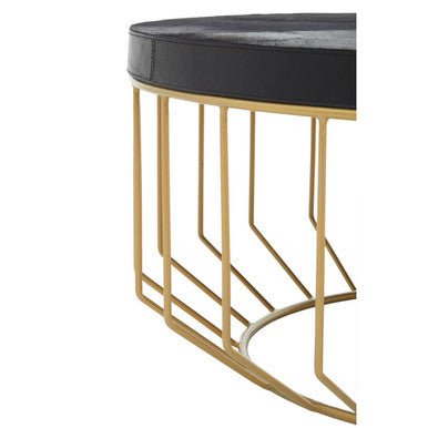 Black Hair - On - Hide Leather Round Top Coffee Table with Geometric Gold Metal Frame, Kensington Townhouse - Joe’s Haven