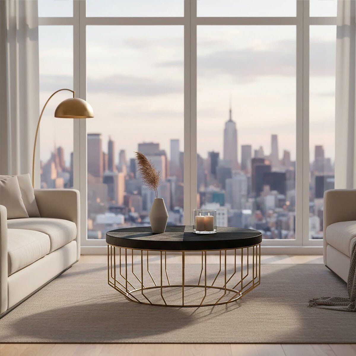 Black Hair - On - Hide Leather Round Top Coffee Table with Geometric Gold Metal Frame, Kensington Townhouse - Joe’s Haven