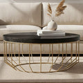 Black Hair - On - Hide Leather Round Top Coffee Table with Geometric Gold Metal Frame, Kensington Townhouse - Joe’s Haven