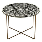 Black Round Wood Coffee Table with White Bone Inlay Top and Gold Metal Cross Base, Fusion - Joe’s Haven