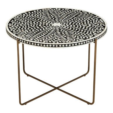 Black Round Wood Coffee Table with White Bone Inlay Top and Gold Metal Cross Base, Fusion - Joe’s Haven