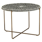 Black Round Wood Coffee Table with White Bone Inlay Top and Gold Metal Cross Base, Fusion - Joe’s Haven