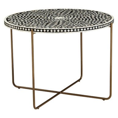 Black Round Wood Coffee Table with White Bone Inlay Top and Gold Metal Cross Base, Fusion - Joe’s Haven
