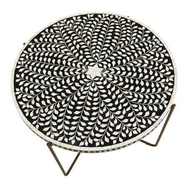 Black Round Wood Coffee Table with White Bone Inlay Top and Gold Metal Cross Base, Fusion - Joe’s Haven