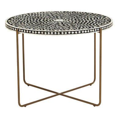 Black Round Wood Coffee Table with White Bone Inlay Top and Gold Metal Cross Base, Fusion - Joe’s Haven