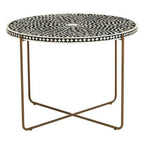 Black Round Wood Coffee Table with White Bone Inlay Top and Gold Metal Cross Base, Fusion - Joe’s Haven