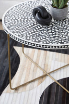Black Round Wood Coffee Table with White Bone Inlay Top and Gold Metal Cross Base, Fusion - Joe’s Haven