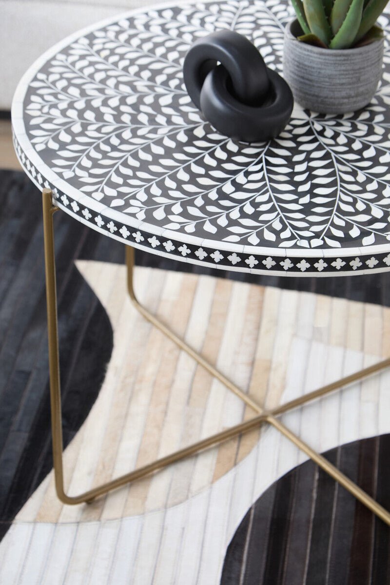 Black Round Wood Coffee Table with White Bone Inlay Top and Gold Metal Cross Base, Fusion - Joe’s Haven
