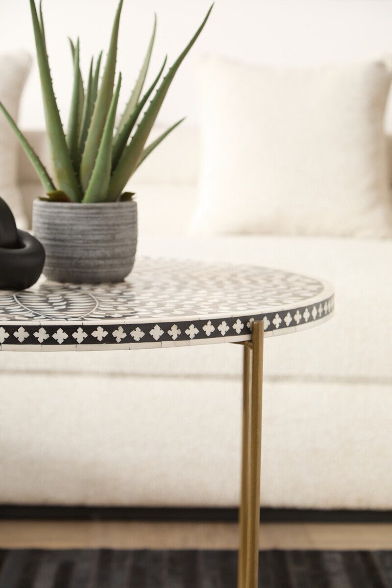 Black Round Wood Coffee Table with White Bone Inlay Top and Gold Metal Cross Base, Fusion - Joe’s Haven