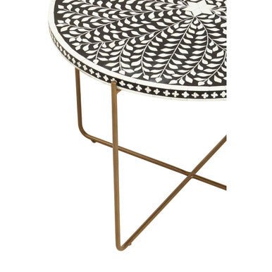Black Round Wood Coffee Table with White Bone Inlay Top and Gold Metal Cross Base, Fusion - Joe’s Haven