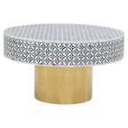 Black and White Round Geometric Bone Inlay Coffee Table with Gold Finish Base, Fusion - Joe’s Haven