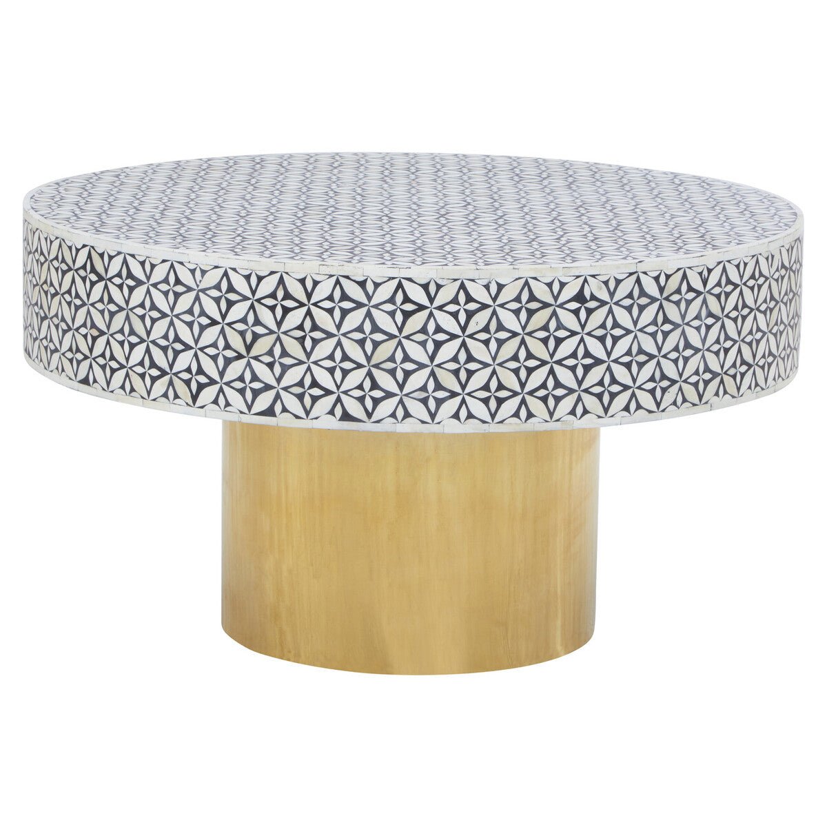 Black and White Round Geometric Bone Inlay Coffee Table with Gold Finish Base, Fusion - Joe’s Haven
