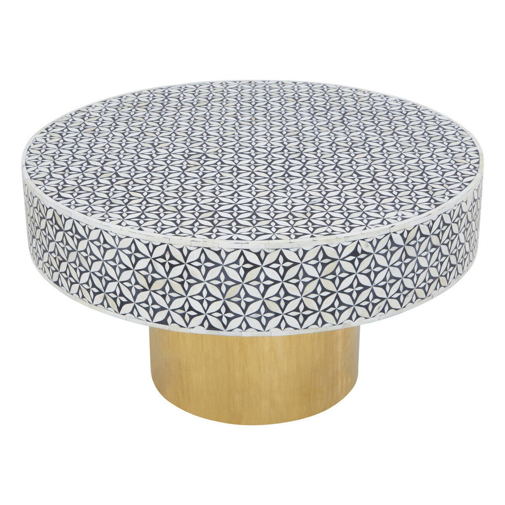 Black and White Round Geometric Bone Inlay Coffee Table with Gold Finish Base, Fusion - Joe’s Haven