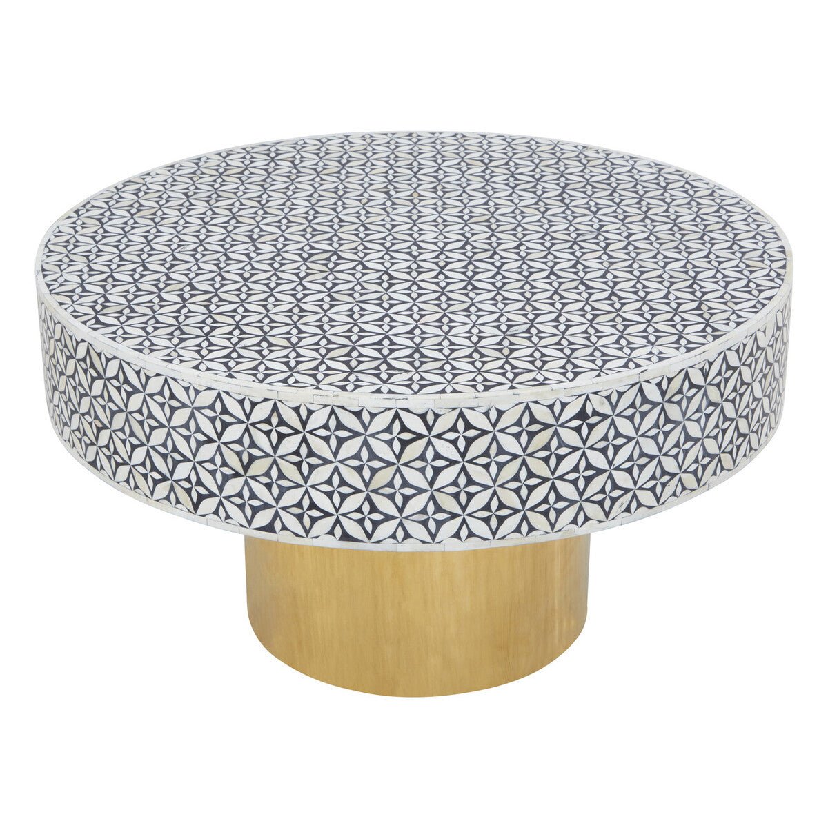 Black and White Round Geometric Bone Inlay Coffee Table with Gold Finish Base, Fusion - Joe’s Haven