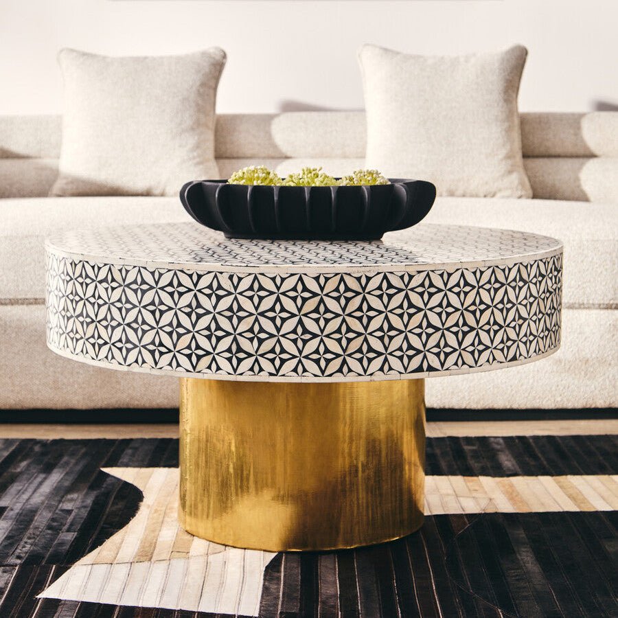 Black and White Round Geometric Bone Inlay Coffee Table with Gold Finish Base, Fusion - Joe’s Haven