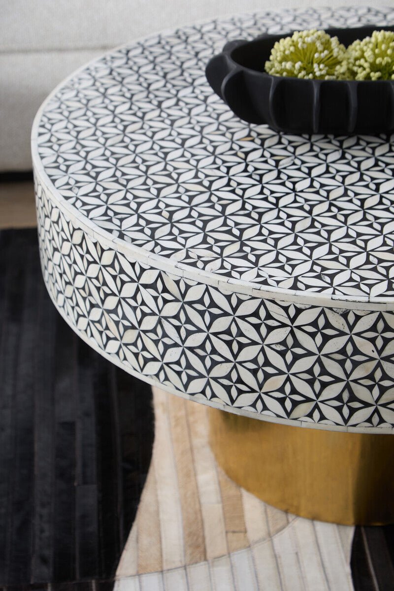 Black and White Round Geometric Bone Inlay Coffee Table with Gold Finish Base, Fusion - Joe’s Haven