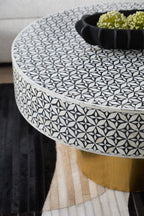 Black and White Round Geometric Bone Inlay Coffee Table with Gold Finish Base, Fusion - Joe’s Haven