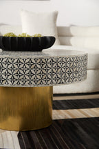 Black and White Round Geometric Bone Inlay Coffee Table with Gold Finish Base, Fusion - Joe’s Haven