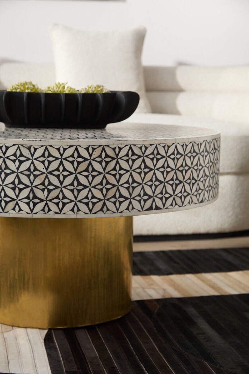Black and White Round Geometric Bone Inlay Coffee Table with Gold Finish Base, Fusion - Joe’s Haven