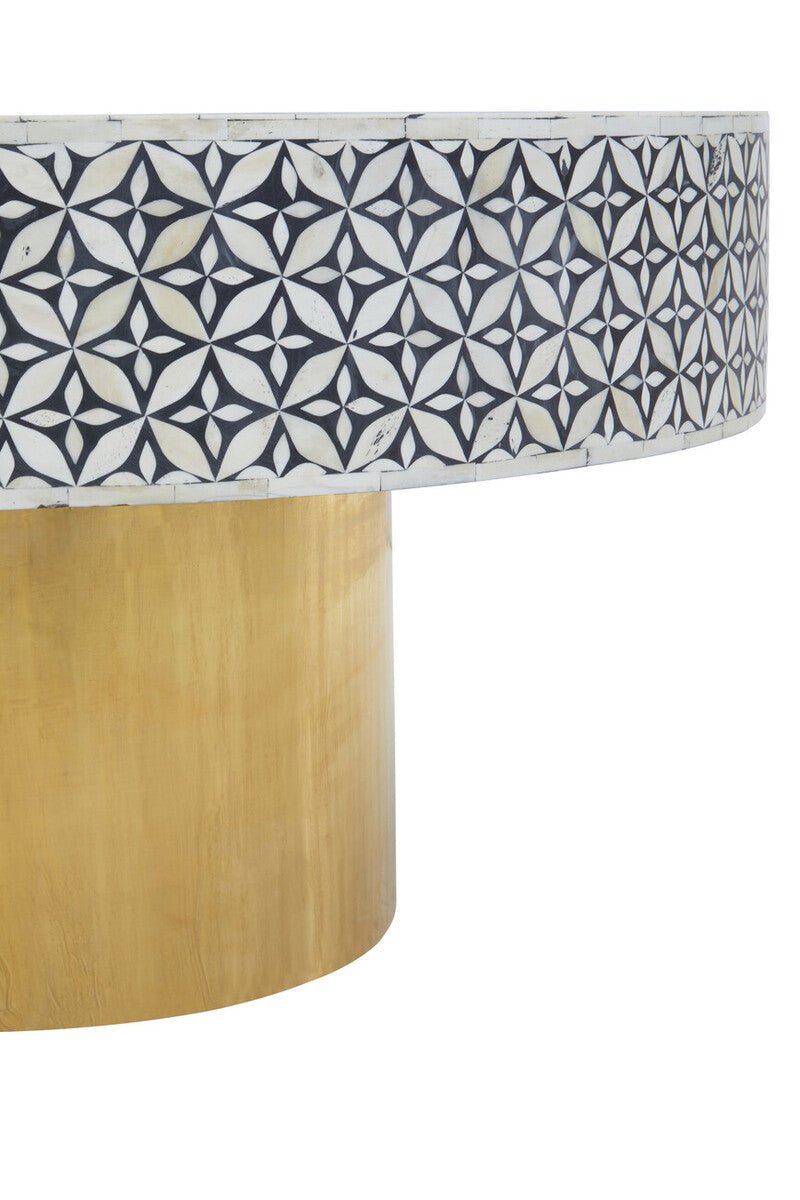 Black and White Round Geometric Bone Inlay Coffee Table with Gold Finish Base, Fusion - Joe’s Haven