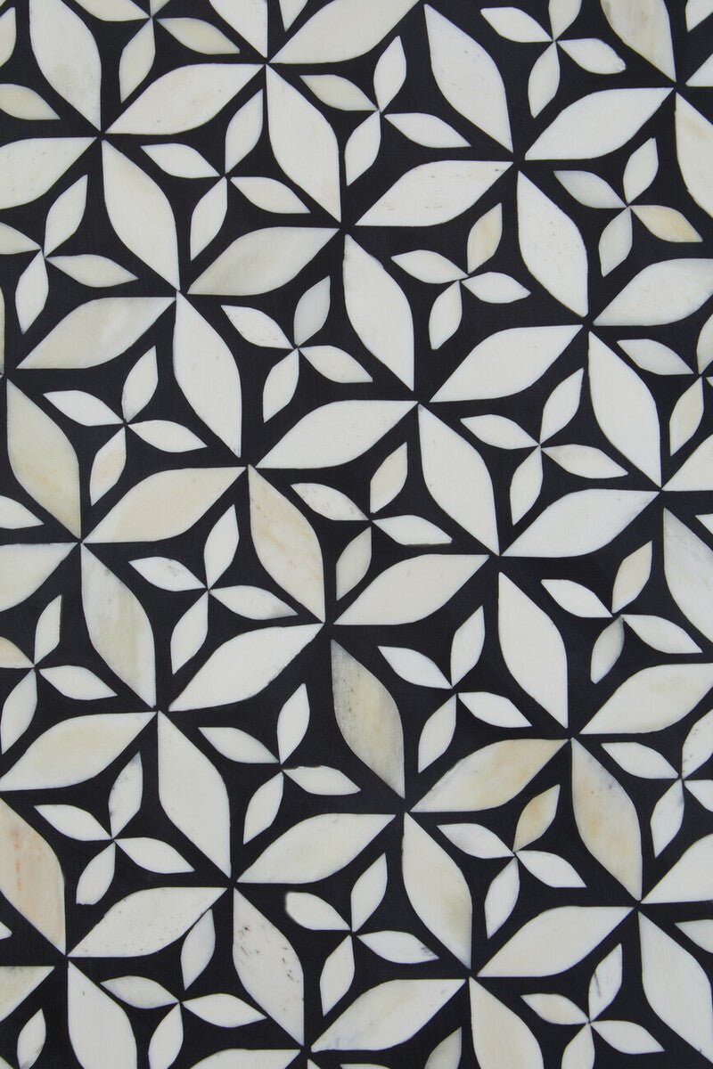 Black and White Round Geometric Bone Inlay Coffee Table with Gold Finish Base, Fusion - Joe’s Haven