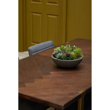 Grey Acacia Veneer Chevron Wood Rectangular Top Dining Table with Antique Brass Frame, Brando - Joe’s Haven
