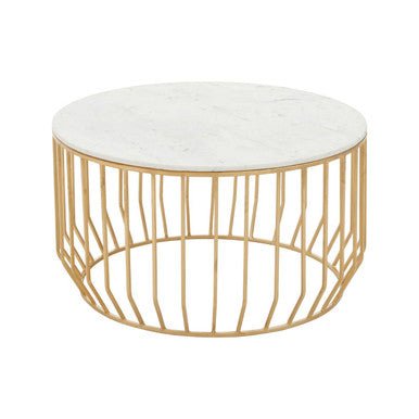 White Marble Top Coffee Table with Gold Finish Iron Cage Base, Pali - Joe’s Haven