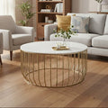 White Marble Top Coffee Table with Gold Finish Iron Cage Base, Pali - Joe’s Haven