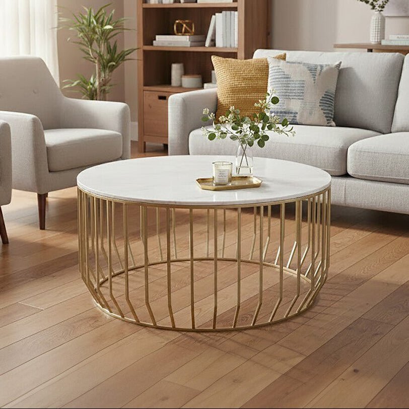 White Marble Top Coffee Table with Gold Finish Iron Cage Base, Pali - Joe’s Haven