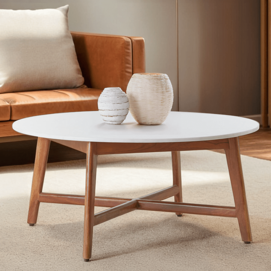 White Marble Round Top Coffee Table with Acacia Wood Legs, Myan - Joe’s Haven