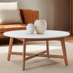 White Marble Round Top Coffee Table with Acacia Wood Legs, Myan - Joe’s Haven