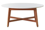 White Marble Round Top Coffee Table with Acacia Wood Legs, Myan - Joe’s Haven