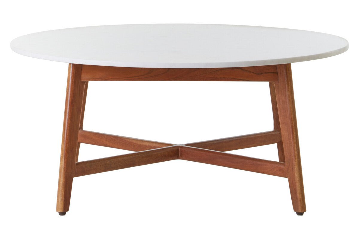 White Marble Round Top Coffee Table with Acacia Wood Legs, Myan - Joe’s Haven