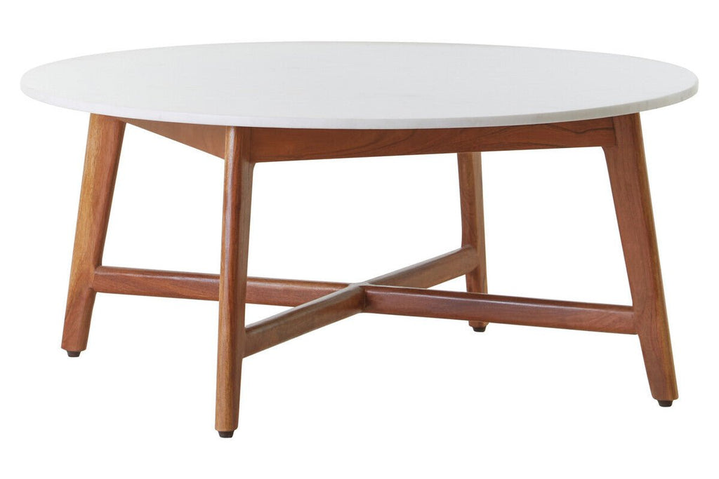 White Marble Round Top Coffee Table with Acacia Wood Legs, Myan - Joe’s Haven