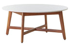 White Marble Round Top Coffee Table with Acacia Wood Legs, Myan - Joe’s Haven