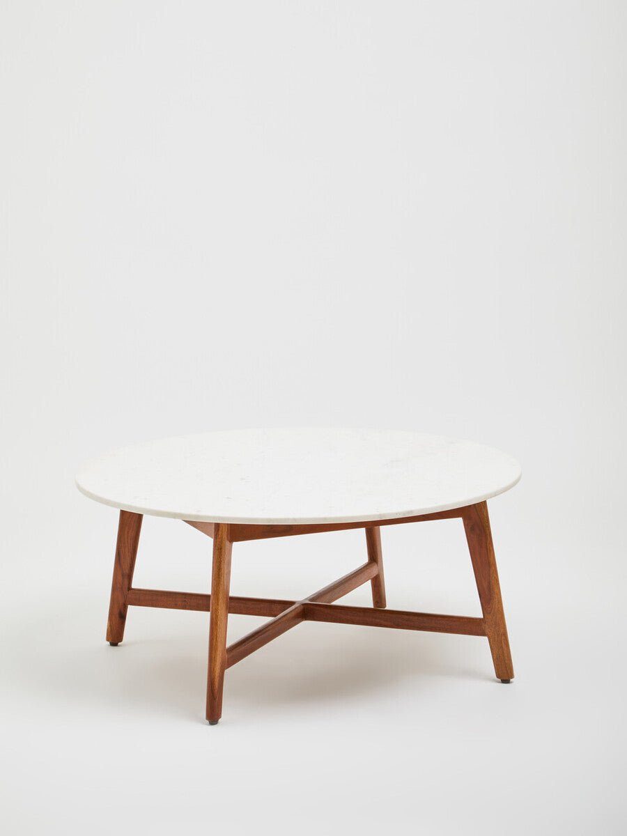 White Marble Round Top Coffee Table with Acacia Wood Legs, Myan - Joe’s Haven