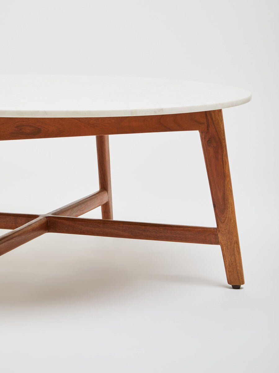 White Marble Round Top Coffee Table with Acacia Wood Legs, Myan - Joe’s Haven