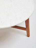White Marble Round Top Coffee Table with Acacia Wood Legs, Myan - Joe’s Haven
