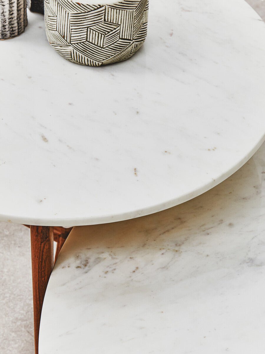 White Marble Round Top Coffee Table with Acacia Wood Legs, Myan - Joe’s Haven