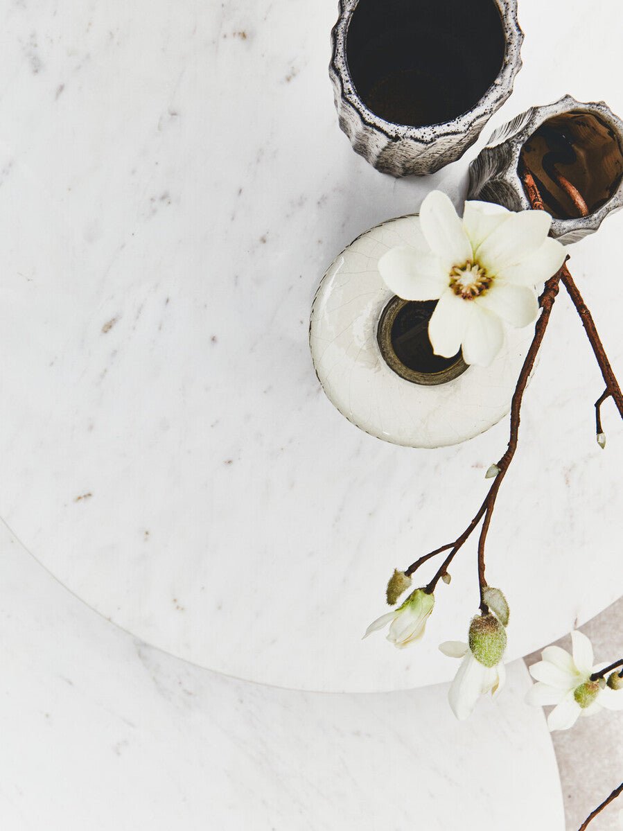 White Marble Round Top Coffee Table with Acacia Wood Legs, Myan - Joe’s Haven
