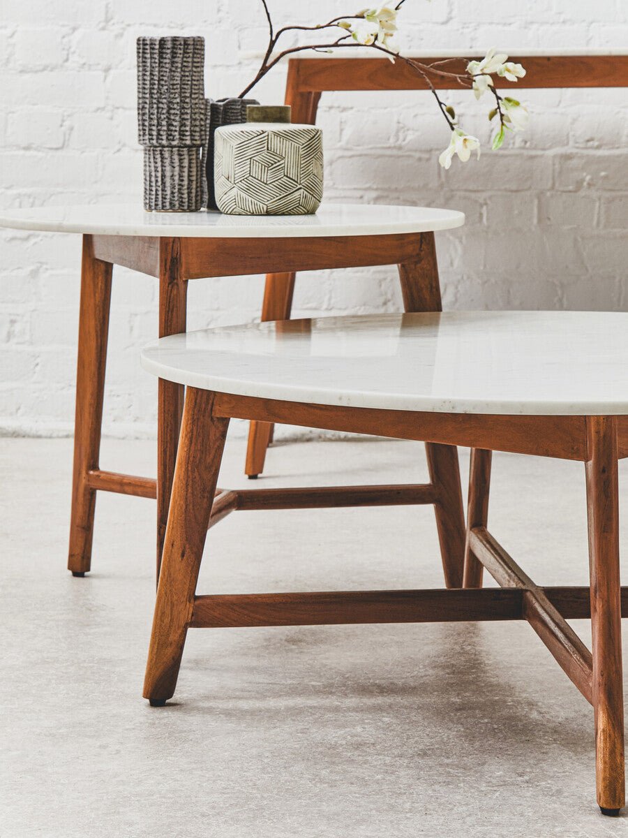 White Marble Round Top Coffee Table with Acacia Wood Legs, Myan - Joe’s Haven