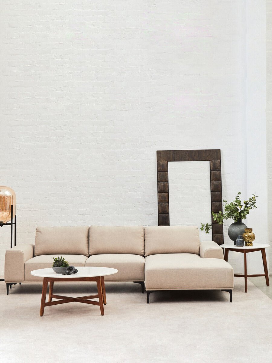 White Marble Round Top Coffee Table with Acacia Wood Legs, Myan - Joe’s Haven