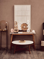 White Marble Round Top Coffee Table with Acacia Wood Legs, Myan - Joe’s Haven