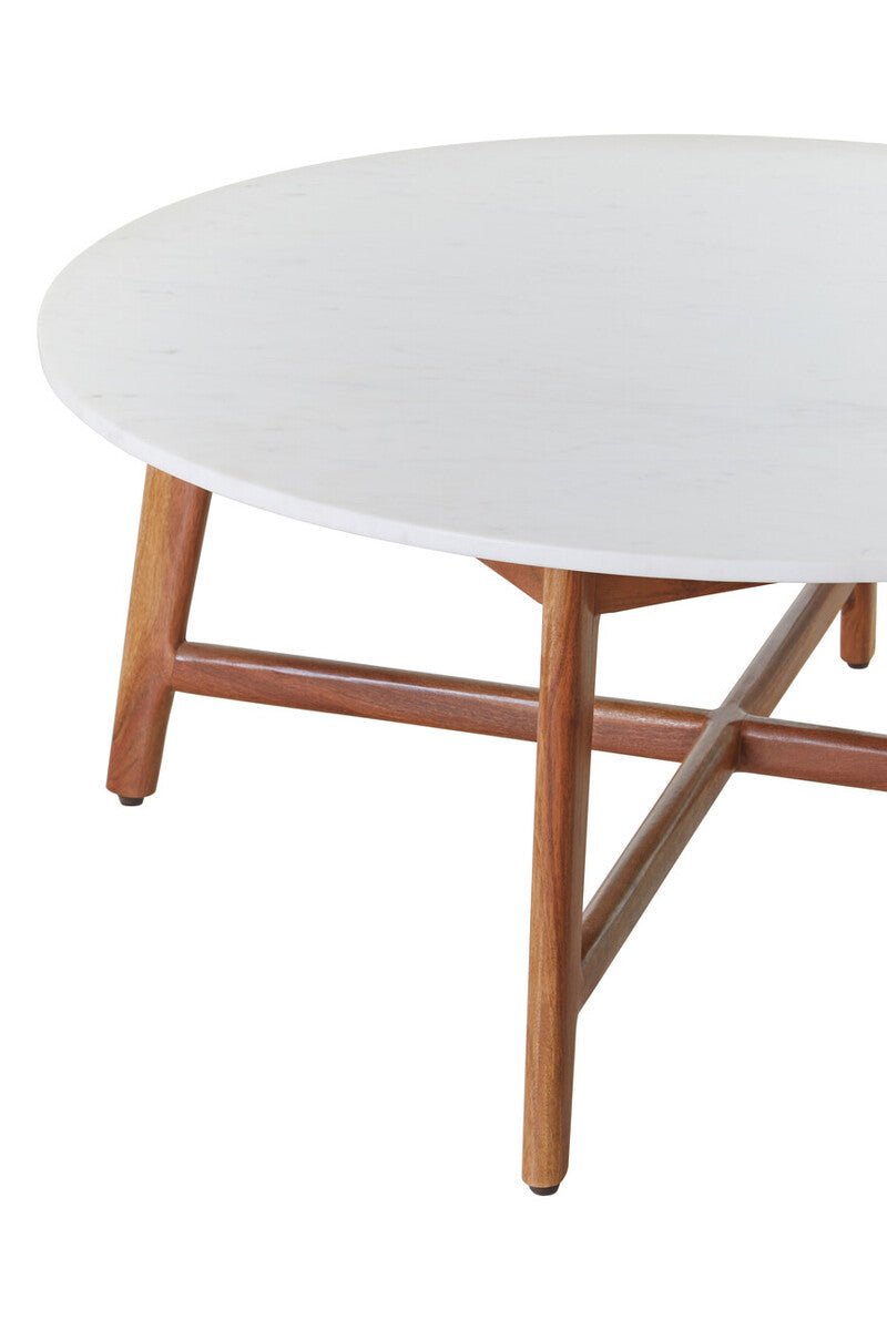 White Marble Round Top Coffee Table with Acacia Wood Legs, Myan - Joe’s Haven