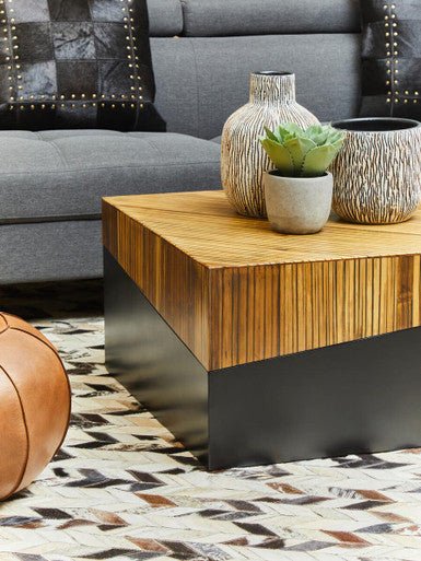 Two Tone Natural Bamboo Square Coffee Table with Dark Ebony Finish Base, Gabor - Joe’s Haven